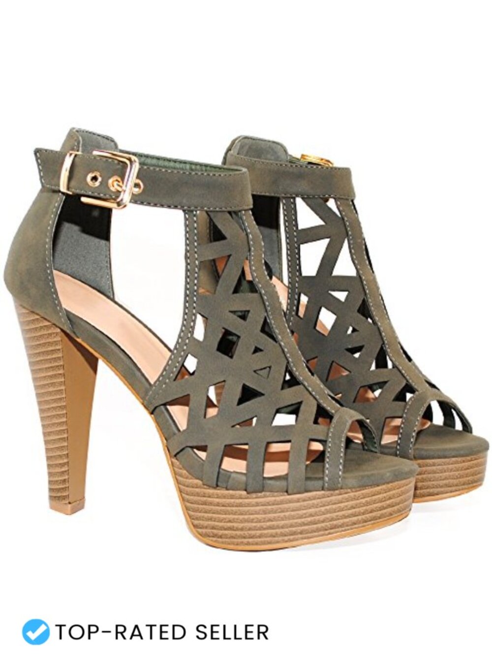 Open Toe Ankle Strap Sandal Stacked Wooden Heel Cutout Buckle - Picture 5 of 6